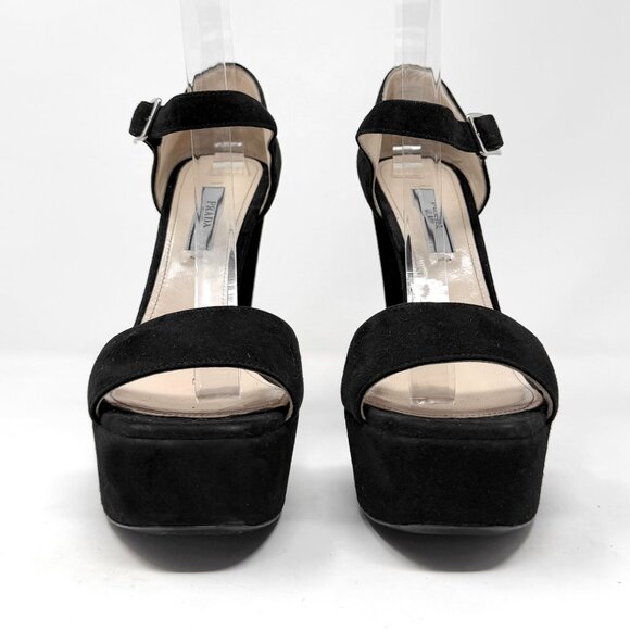 Prada Black Suede Platform Sandals Chunky Heel Size 38.5 Made in Italy - Picture 4 of 9